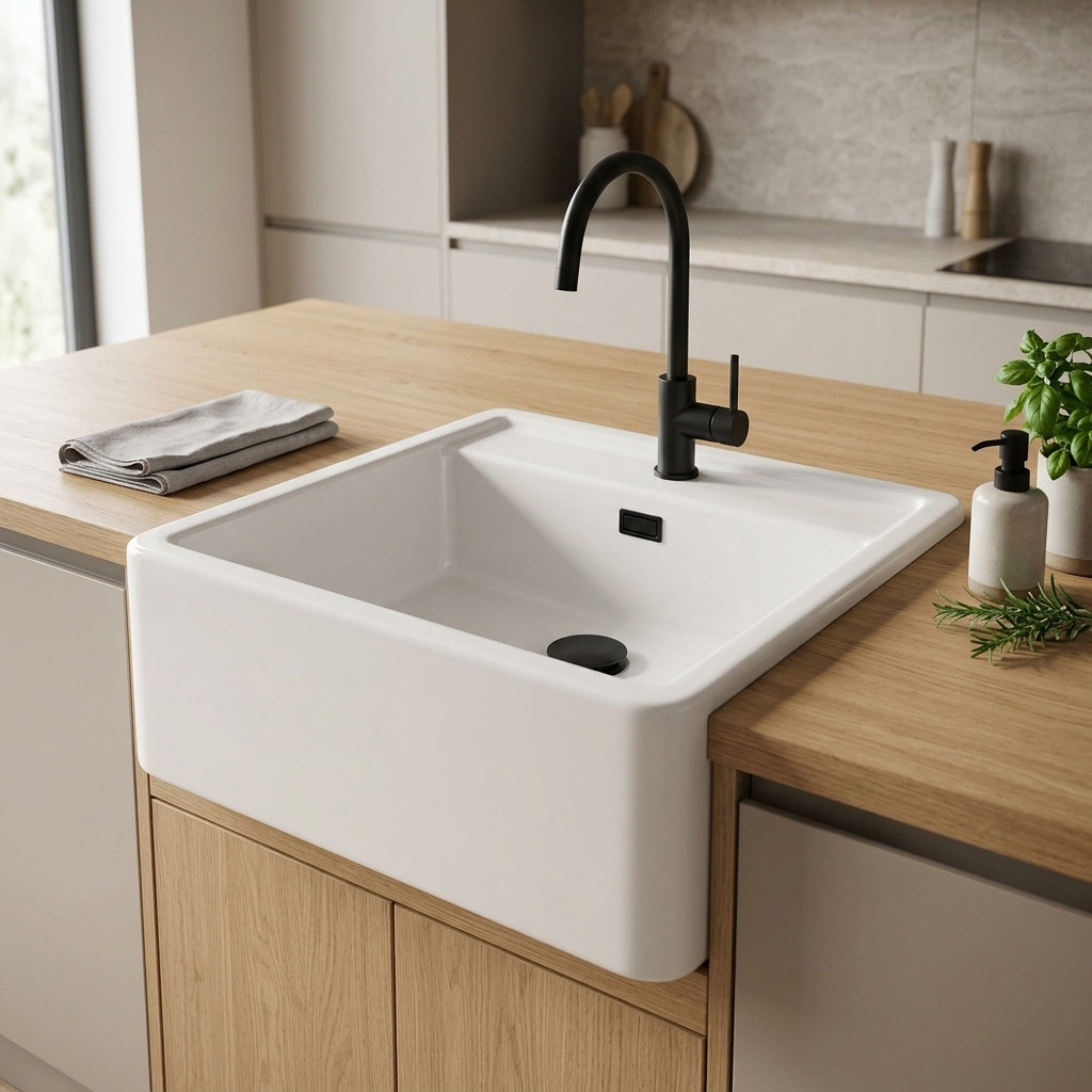 Ausmann Ceramic Panor Shade Fregadero cerámico blanco Butler - Bajo encimera y entre encimera 630 x 597 mm con banco para grifo y tapón negro mate 1208970554